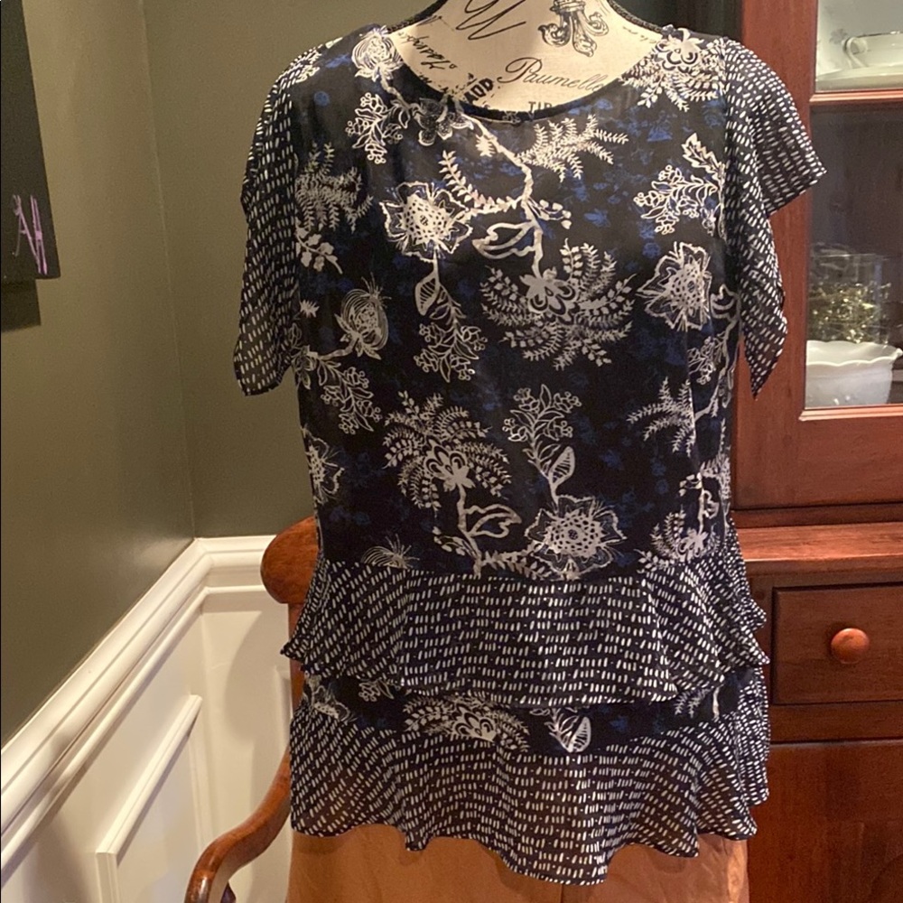 CAbi Floral Print Women's Top - Black and White with blue floral.
